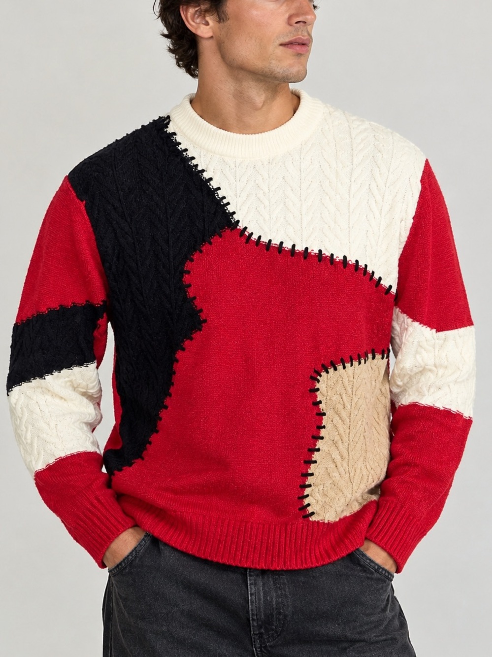Colorblock Crewneck Cable-Knit Sweater in Red, Black & Cream